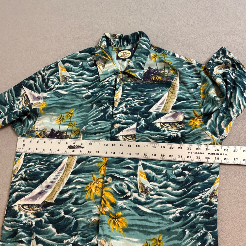 Tommy Bahama Mens Large Rayon Sailboat Palm Tree Nautical Camp Shirt Teal Blue - Picture 8 of 9